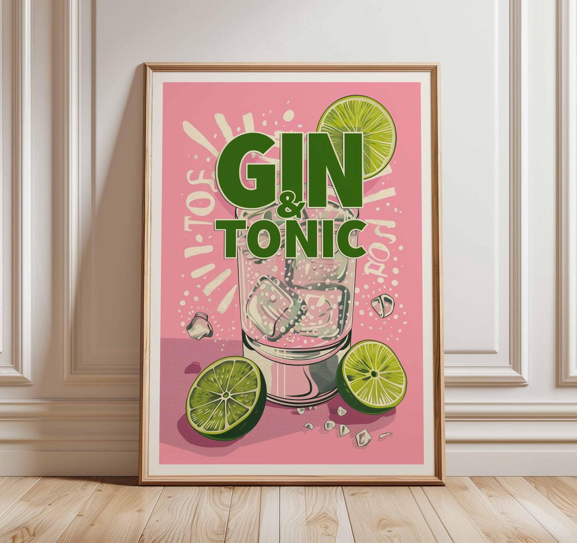 Gin and Tonic Retro Cocktail Poster Pink Bar Decor Lime Ice Art