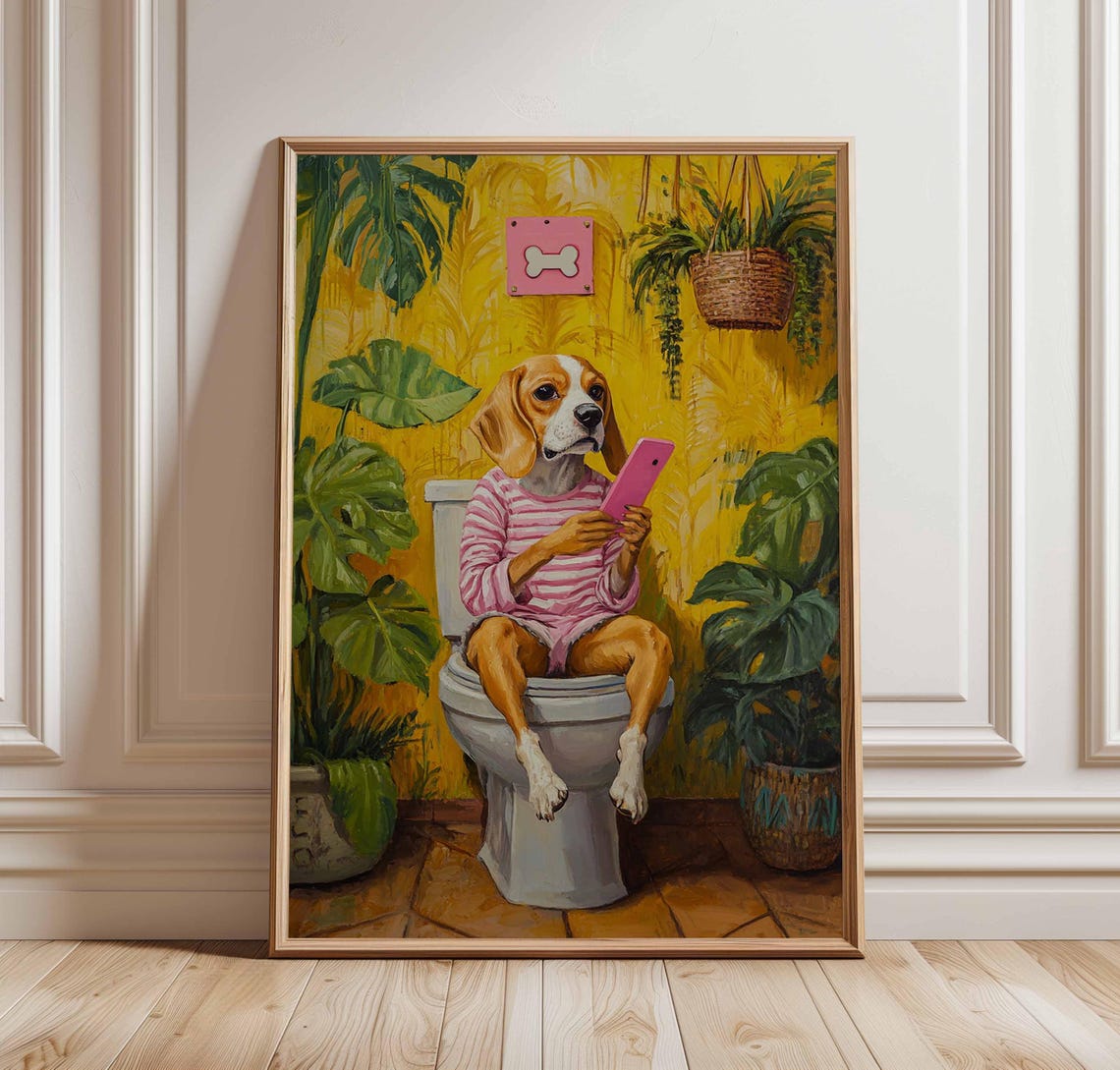 Funny Beagle On Toilet Reading Phone Tropical Bathroom Poster