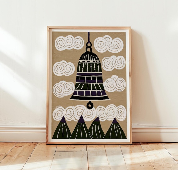 Dark Forest Green Temple Bell Japanese Linocut Clouds Poster