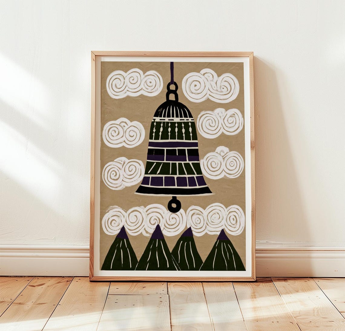 Dark Forest Green Temple Bell Japanese Linocut Clouds Poster