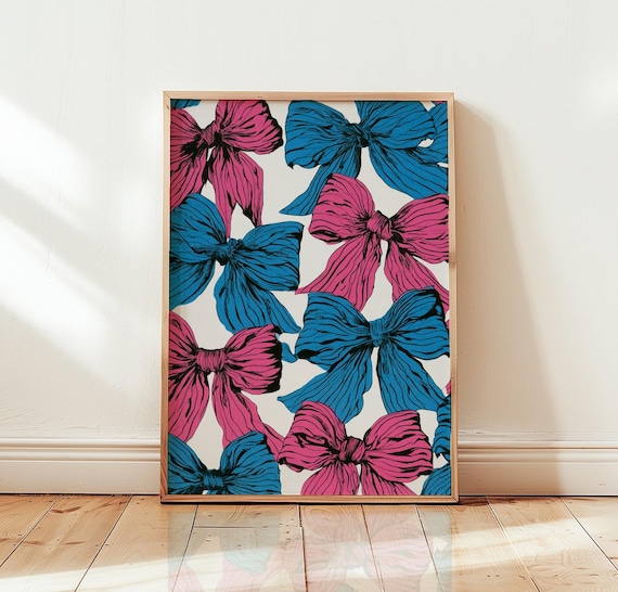 Pink And Blue Bows Pattern Trendy Preppy Girls Room Decor Poster
