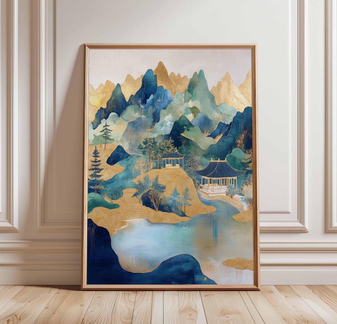 Gold And Blue Chinese Mountain Lake Pavilions Serene Art Poster
