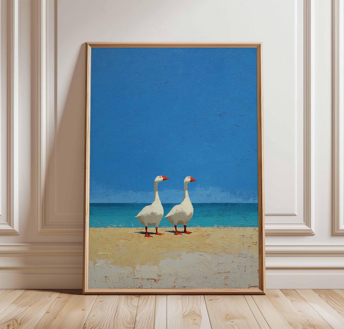 Two White Geese on Sunny Beach Minimalist Seaside Coastal Poster