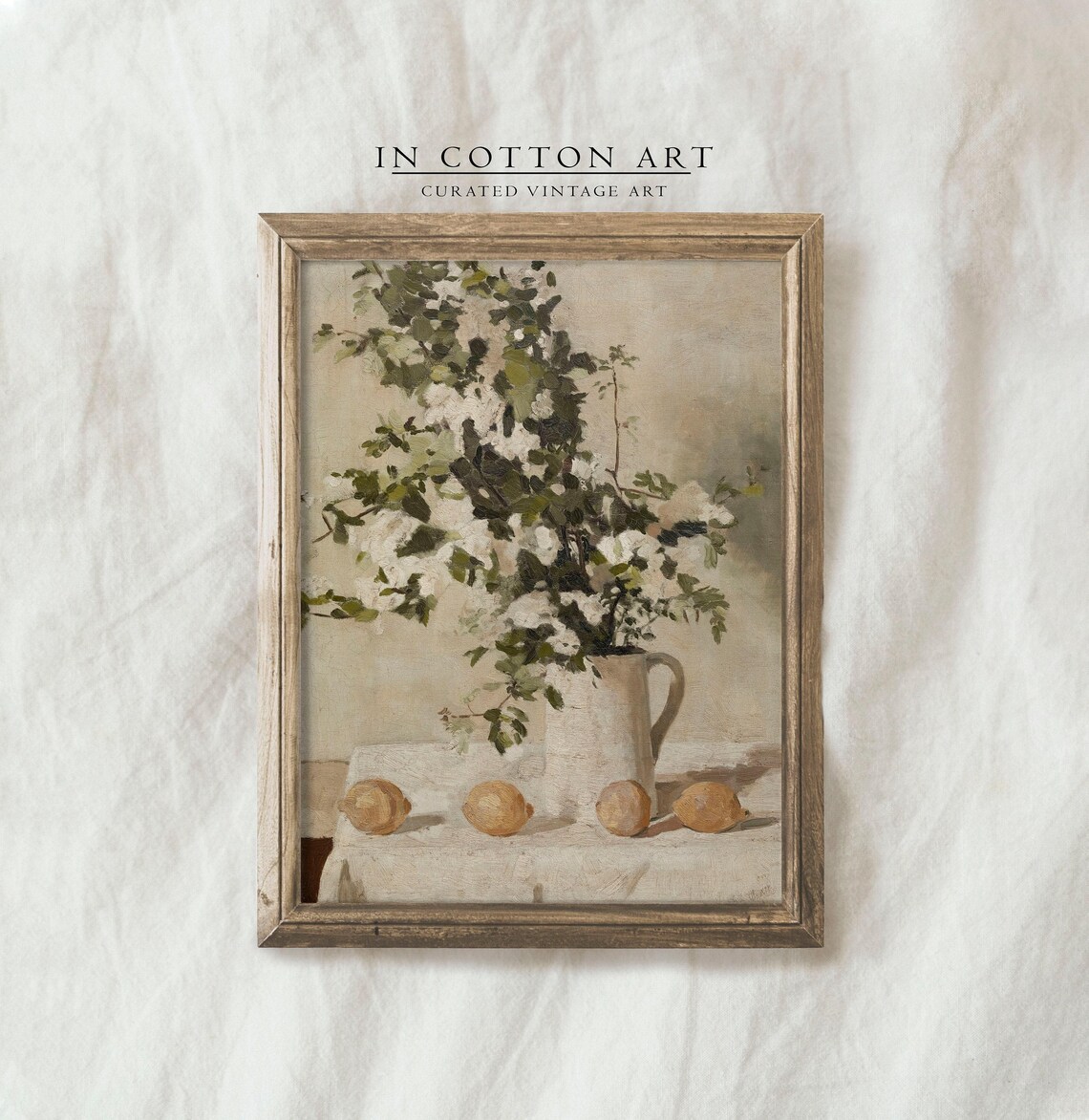 White Flower Vase Still Life Art Print, Vintage Farmhouse