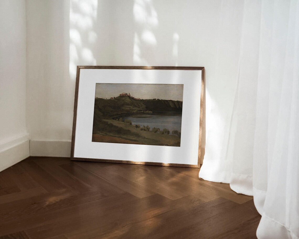 Moody Dark Lake Landscape Hilltop Village Oil Painting Wall Art - Image 3
