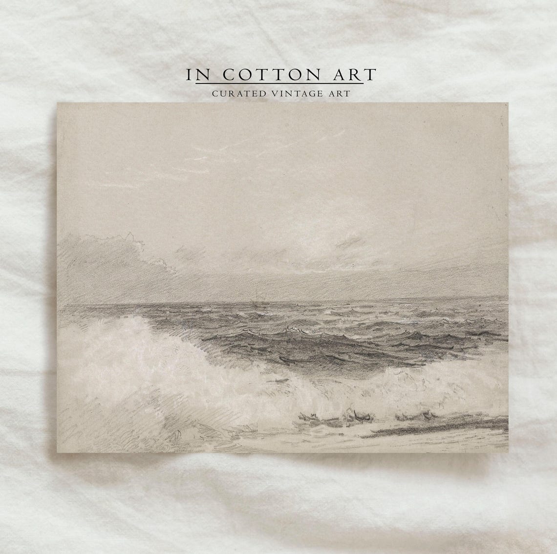 Ocean Waves Charcoal Sketch Monochrome Seascape Drawing Art Print