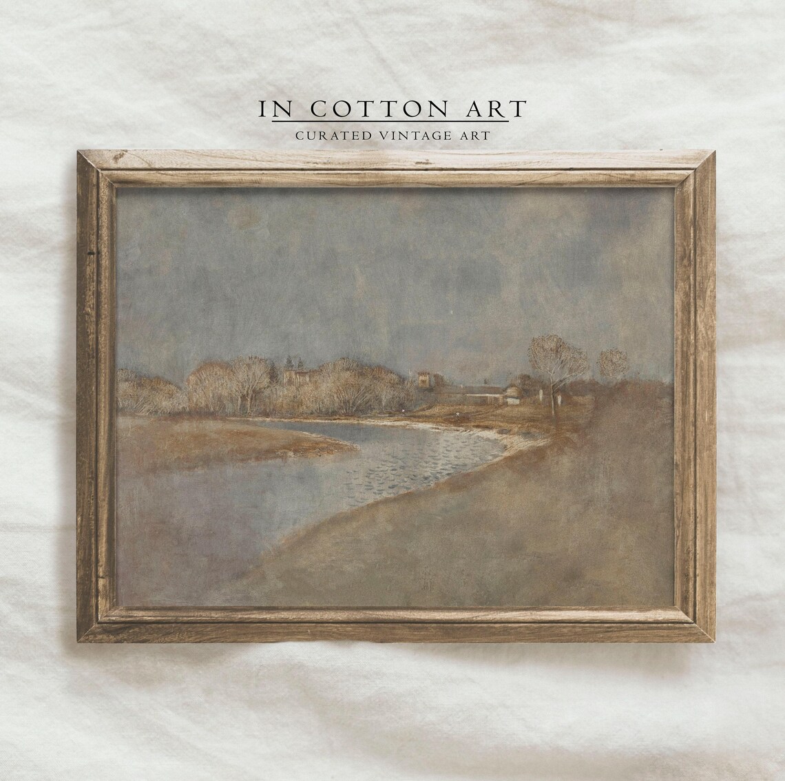 Vintage River Landscape, Neutral Earthy Art Print