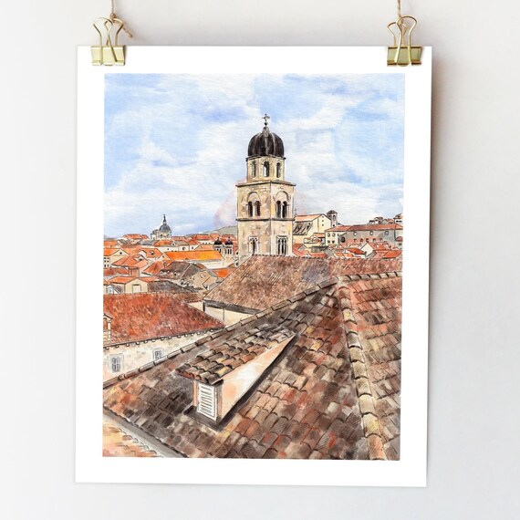 Dubrovnik Croatia Old Town Terracotta Rooftops Bell Tower Watercolor Poster
