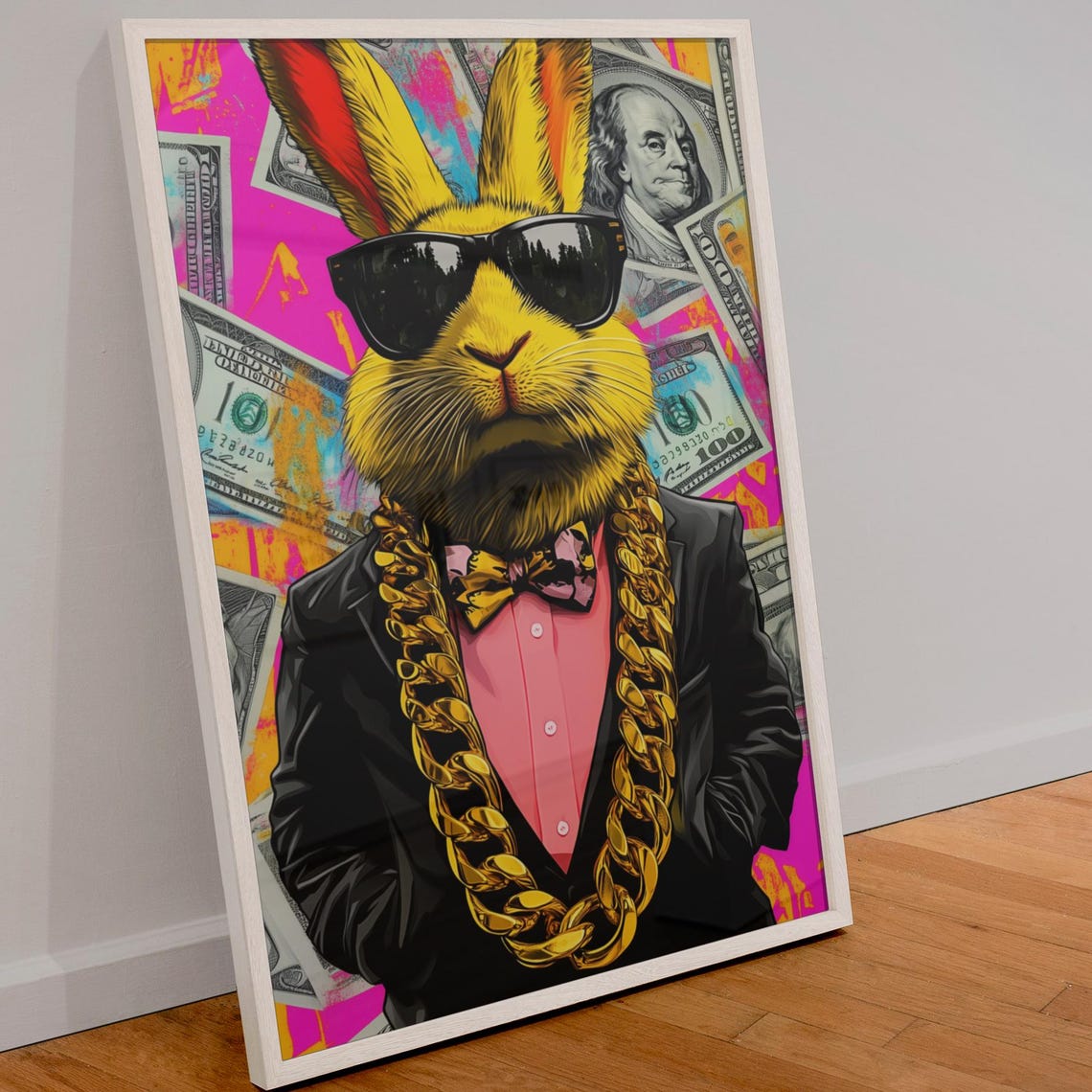 Gold Chain Bunny Art Hiphop Rabbit Wall Print Luxury Graffiti Money Decor