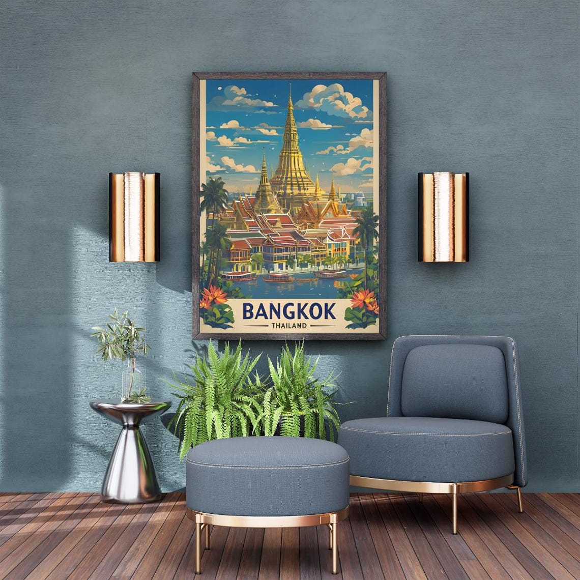 Bangkok Wat Arun Temple Chao Phraya River Retro Travel Poster
