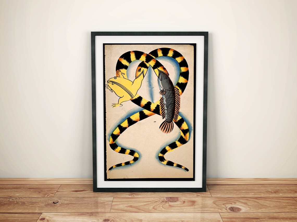 Japanese Watersnakes Swallowing Frog And Fish Vintage Folk Poster - Image 3