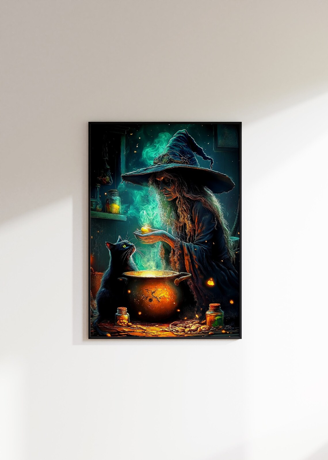 Witch Brewing a Potion Over a Cauldron Beside Her Black Cat Poster - Image 3