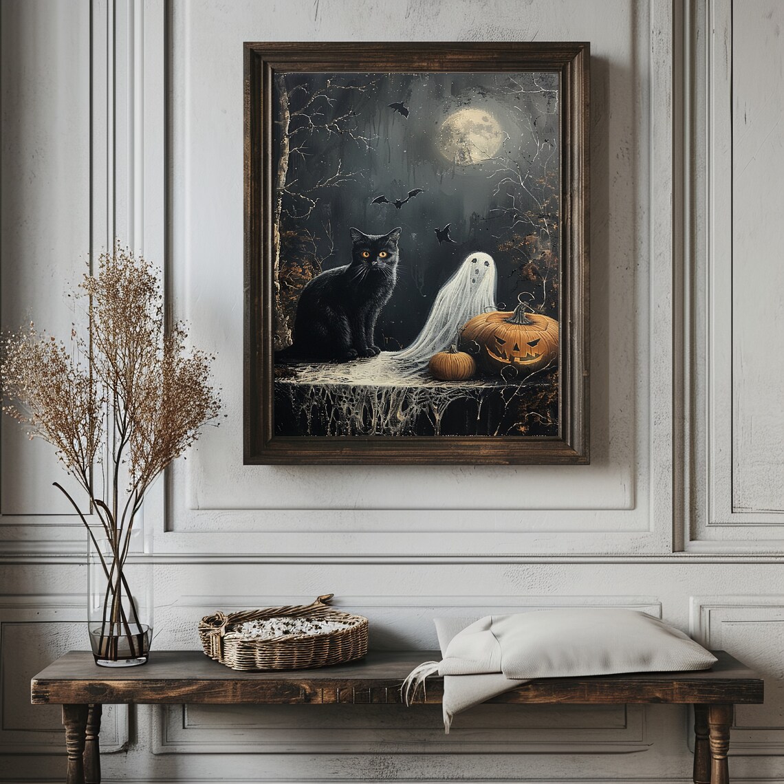 Black Cat Ghost And Pumpkins Under Moon Dark Academia Poster - Image 3