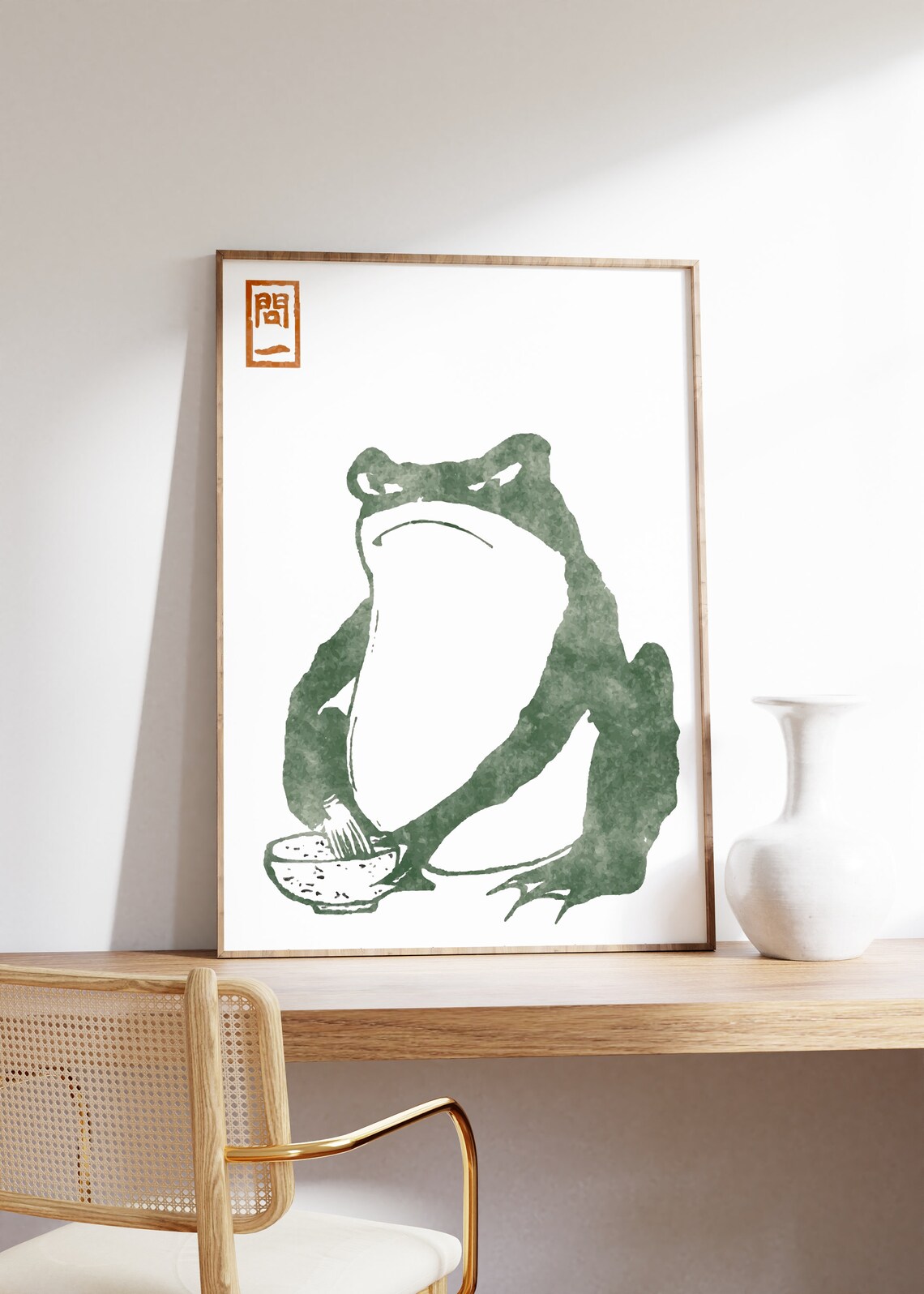 Green Frog Japanese Style Watercolor Artwork with Red Seal Poster - Image 3