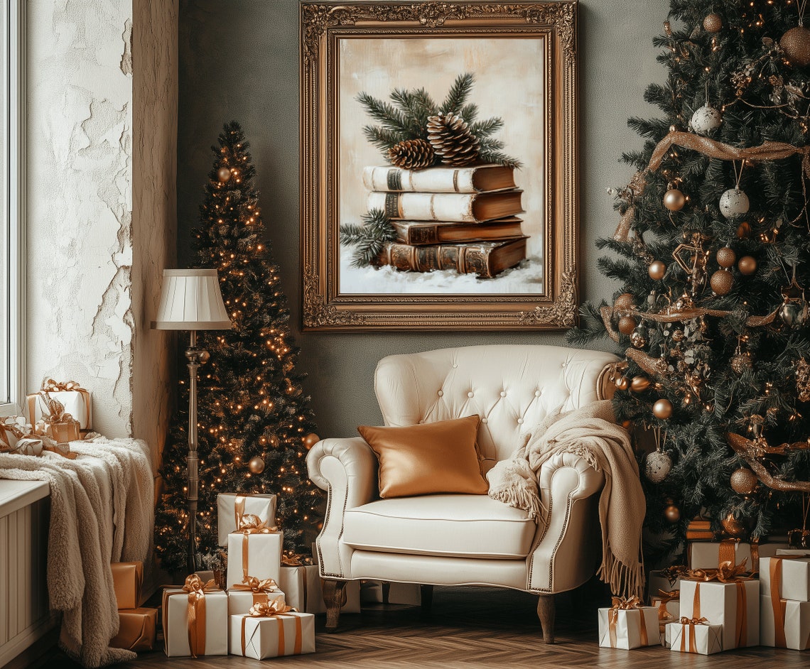 Vintage Old Books and Pine Cones Christmas Wall Art Print - Image 3