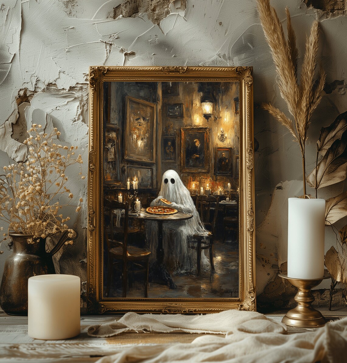 Ghost Eating Pizza Halloween Print, Dark Academia - Image 3