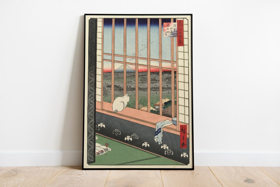 Japanese Cat Poster Vintage Print Asian Art Famous Japanese Artist Painting Mountain Fuji Poster Traditional Japanese Art Room Decor