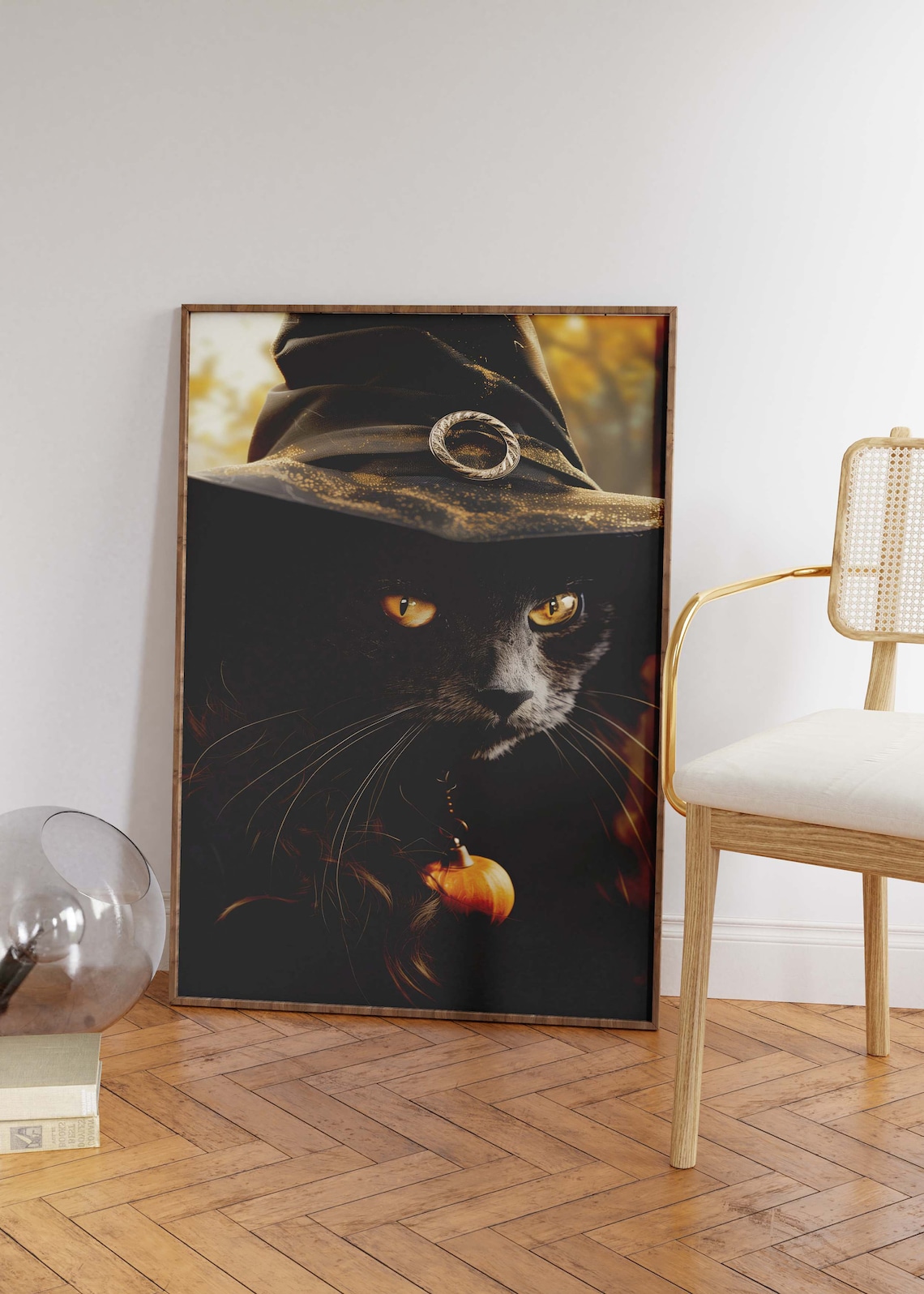 Black Cat In Witch Hat With Pumpkin Pendant Halloween Art Poster - Image 2