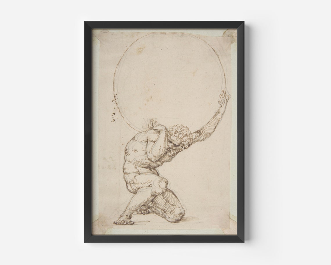 Atlas Crouching Figure, Peruzzi Italian Renaissance Art Print - Image 3