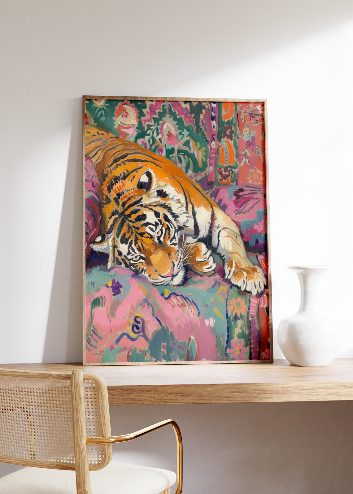 Vivid Painterly Colorful Resting Tiger in Floral Tapestry Art Print - Image 3