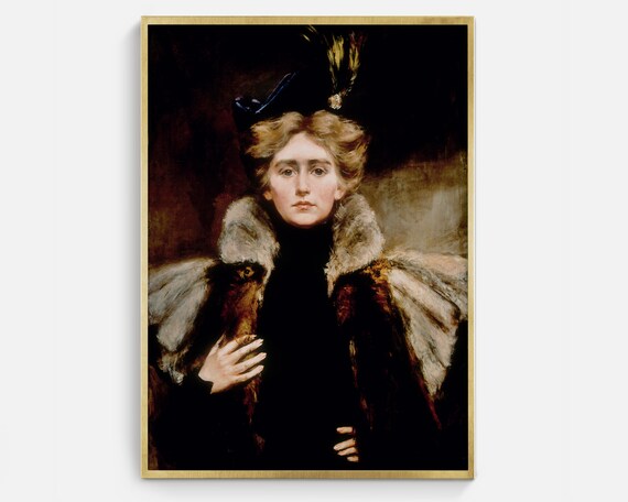 Victorian Lady Feathered Hat Fur Stole Moody Portrait Vintage Art Poster