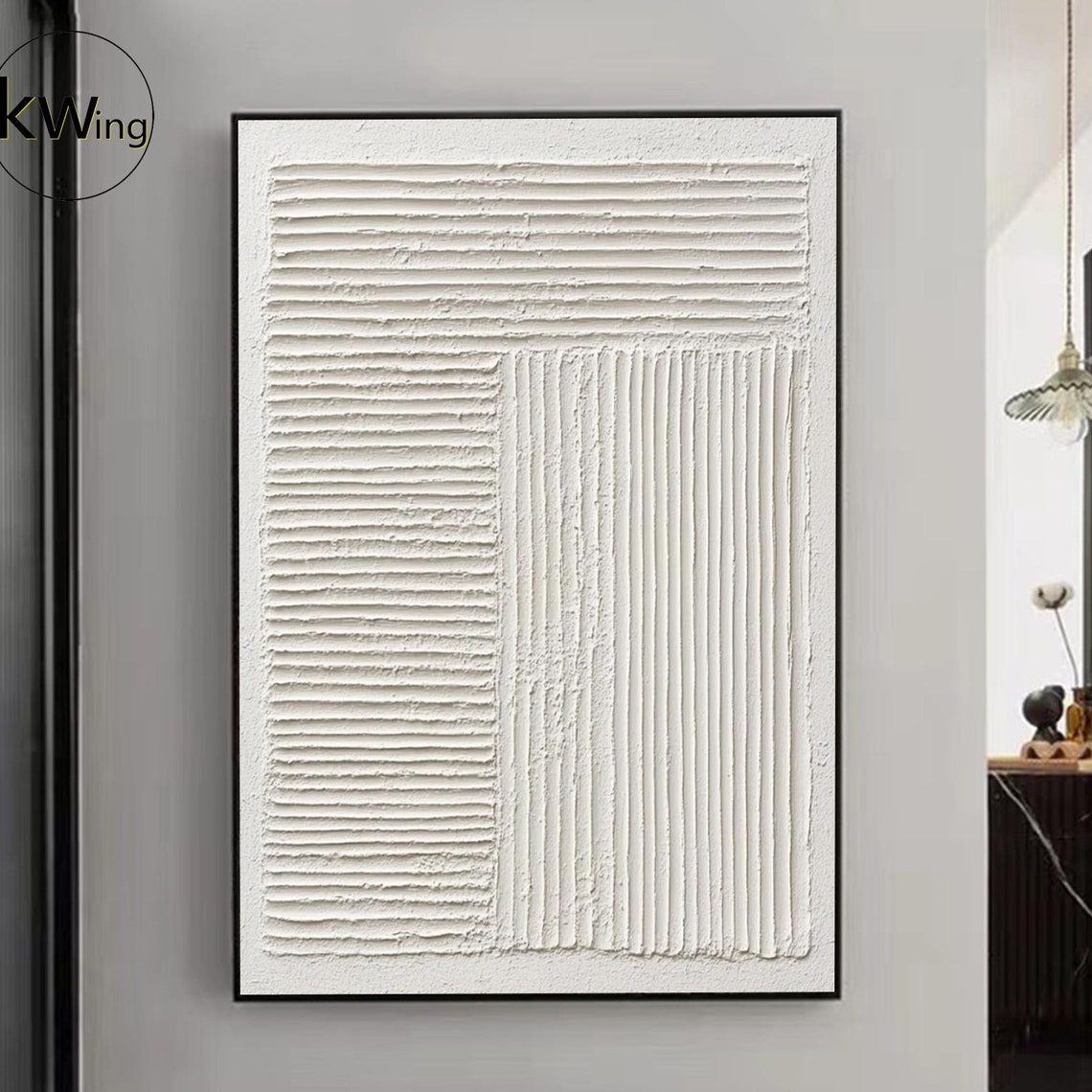 White Striped Geometric 3D Texture Abstract Painting Minimalist Poster