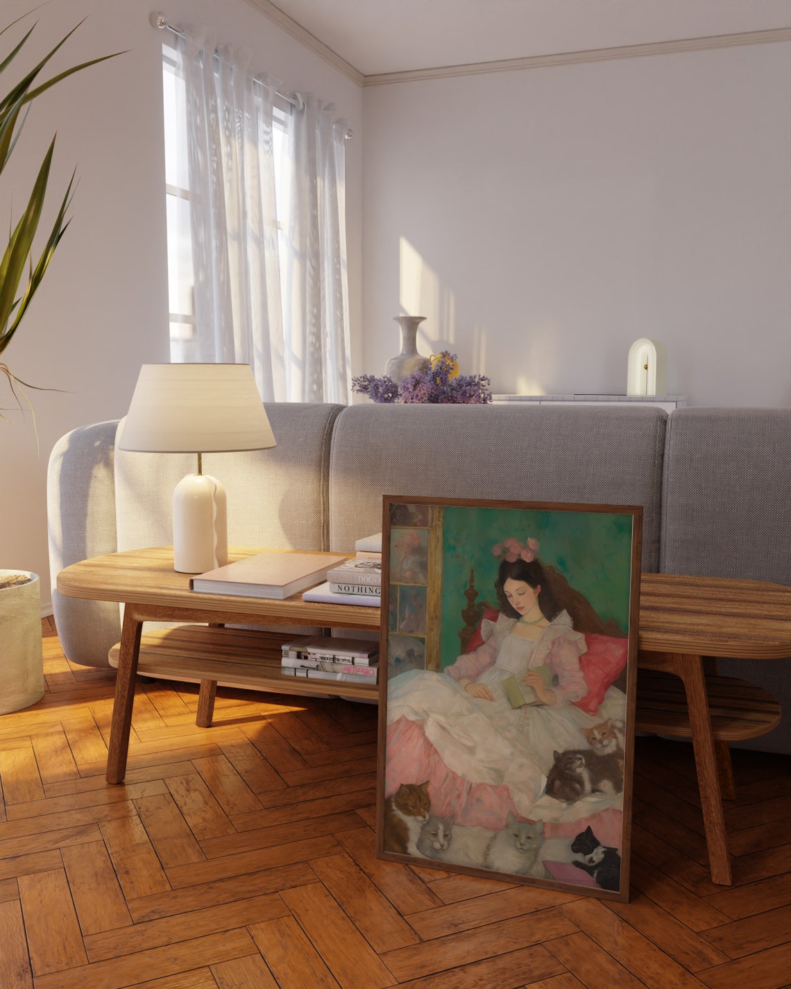 Vintage Lady Reading Surrounded by Cats Classic Style Art Poster - Image 2