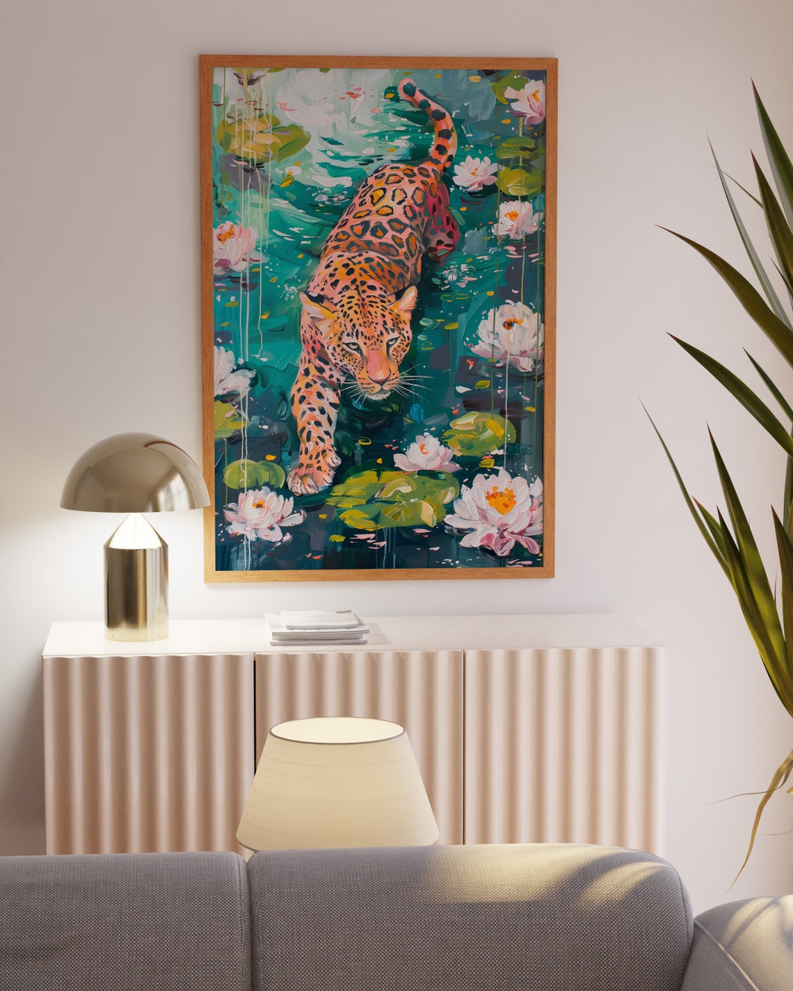 Jaguar Wading Through Lily Pond Impressionist Nature Art Poster - Image 2