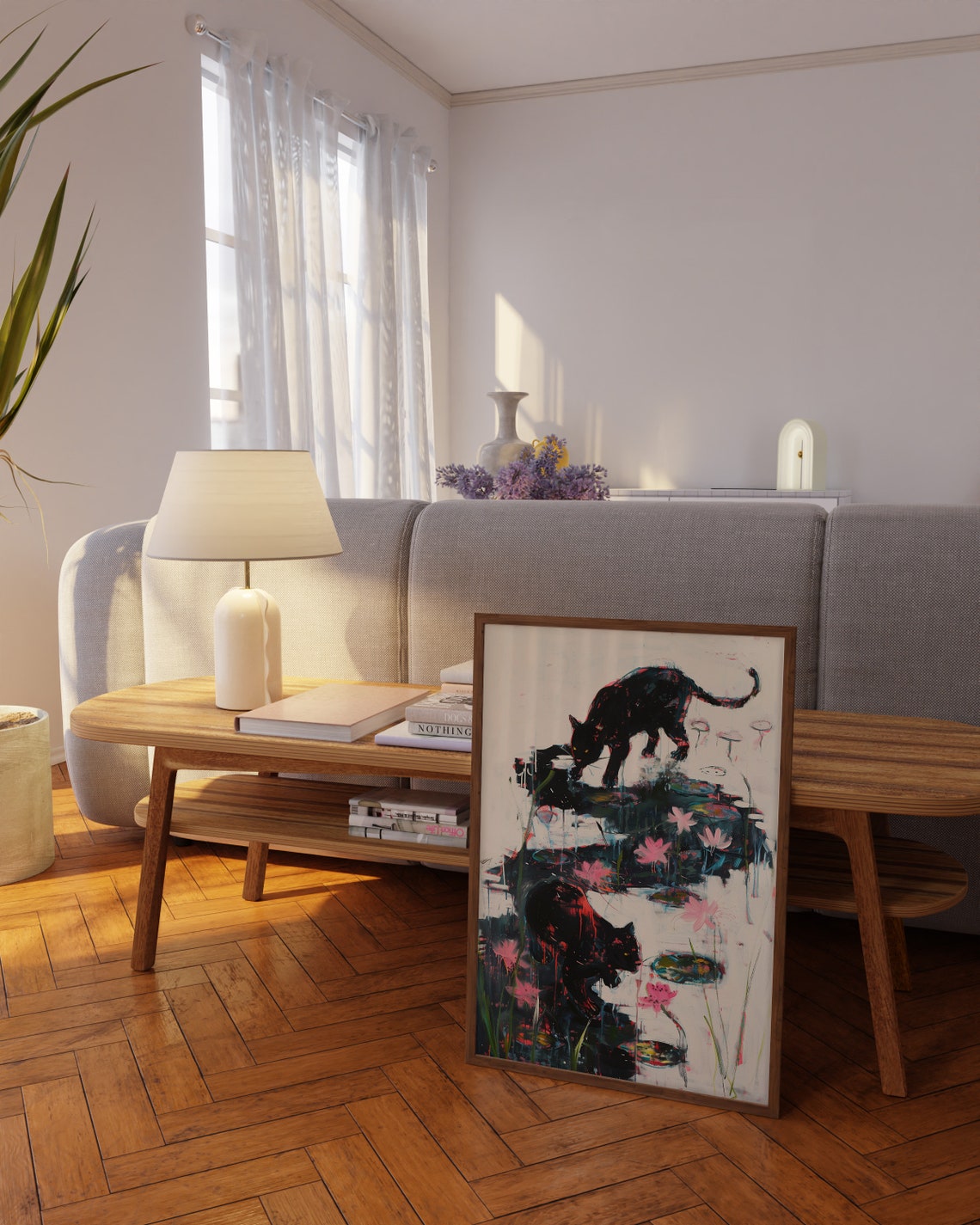 Black Cat Duo Prowling A Midnight Water Lily Pond Scene Poster - Image 3