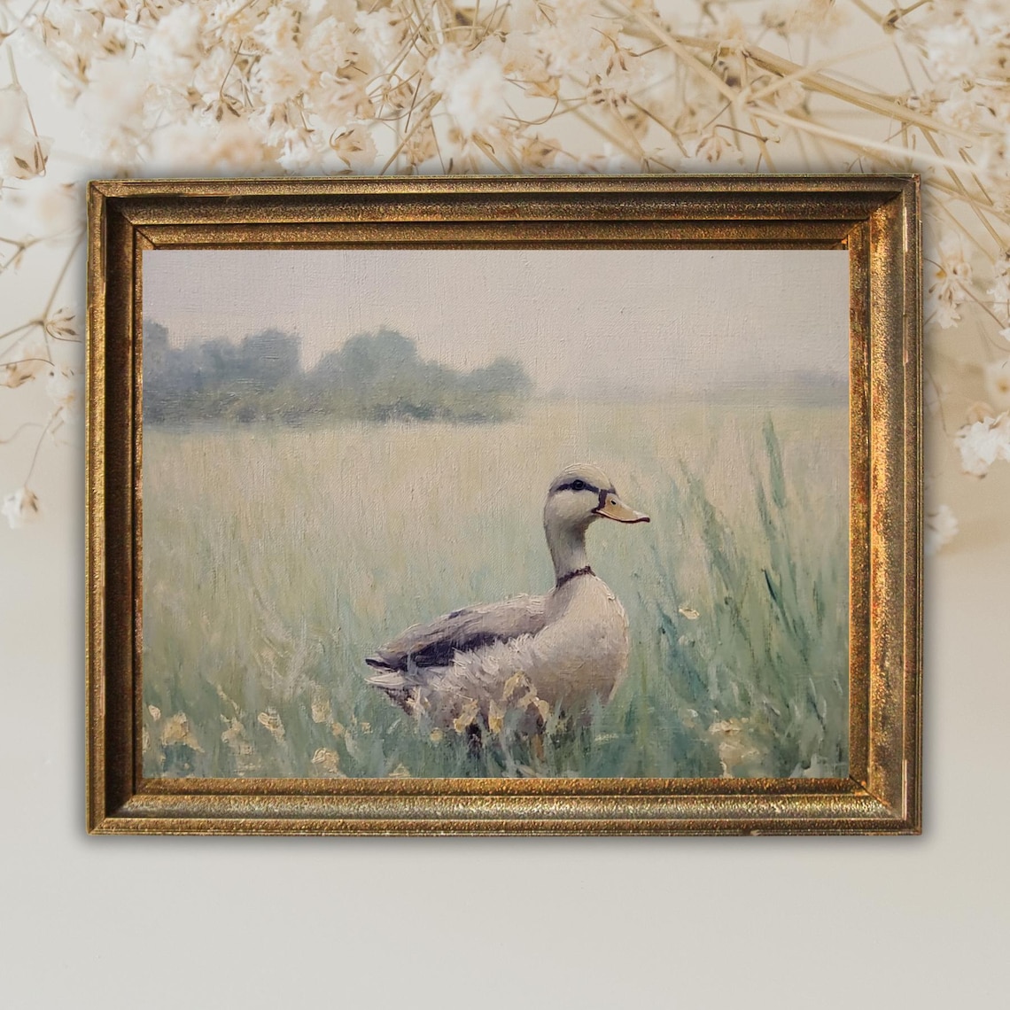 Vintage Duck In Misty Meadow Oil Painting Countryside Poster