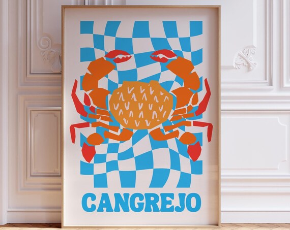 Cangrejo Print Crab Poster Kitchen Decor Spanish Seafood Poster Dinner Party Vintage Style Retro Food Print Lobster Crab