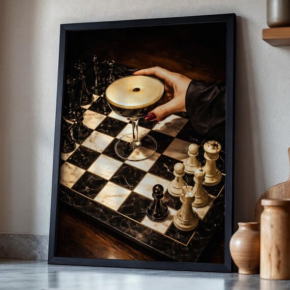 Moody Espresso Martini Over a Marble Chessboard Game Room Poster