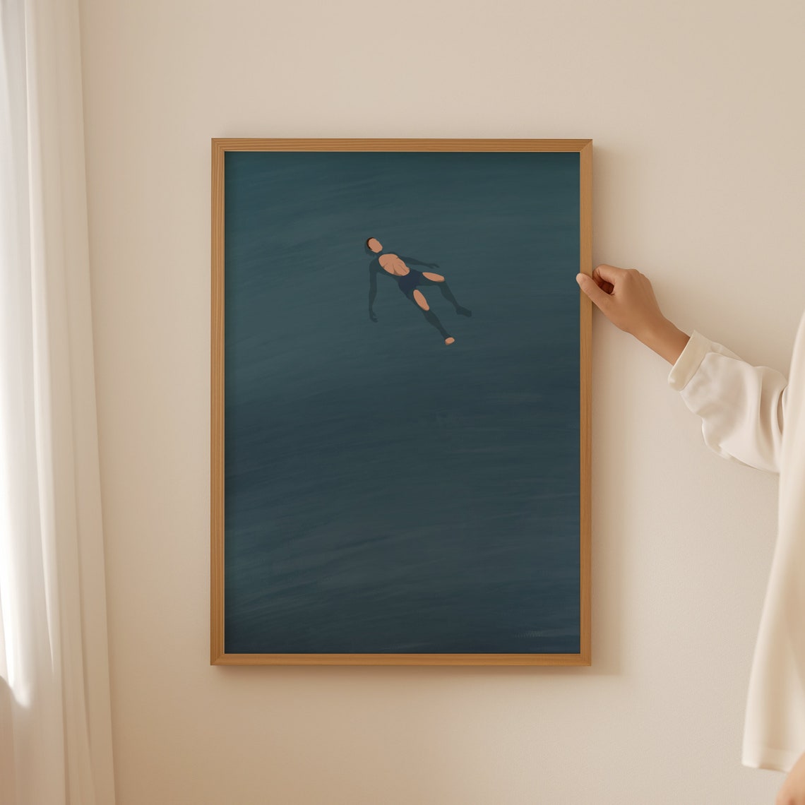 Man Floating Alone in Dark Teal Water Moody Minimalist Summer Poster