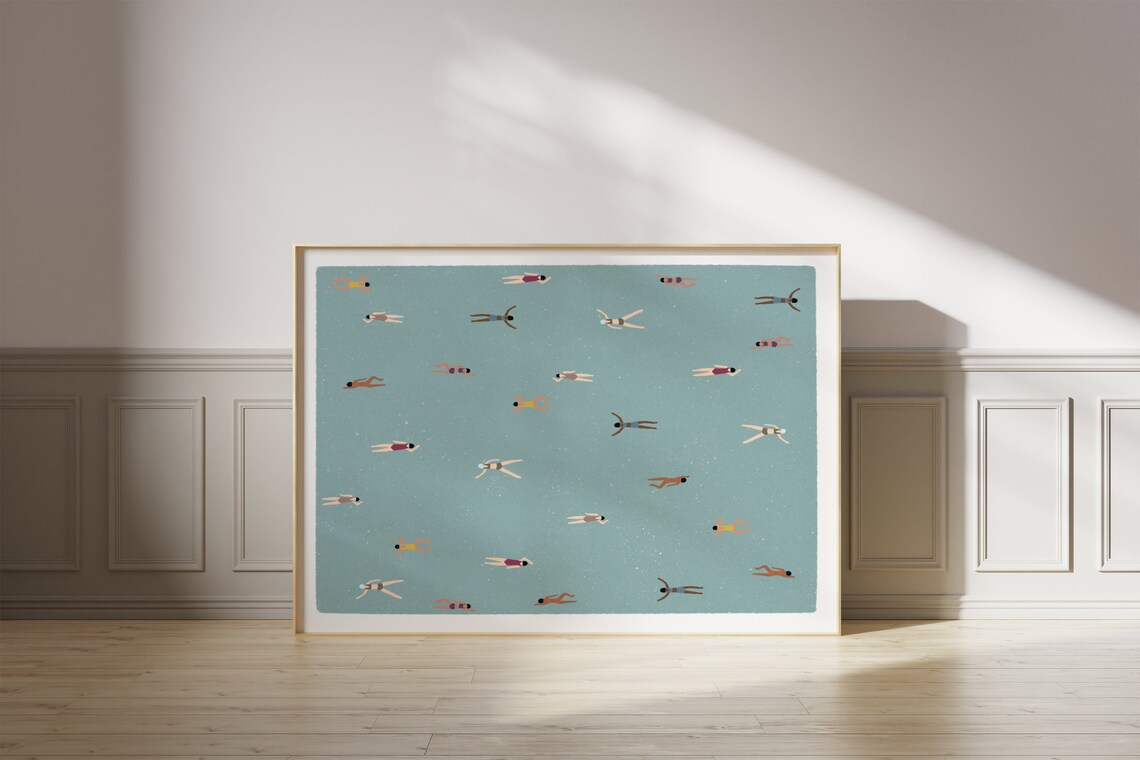 Tiny Women Swimming In Pool, Minimalist Pool Art - Image 2