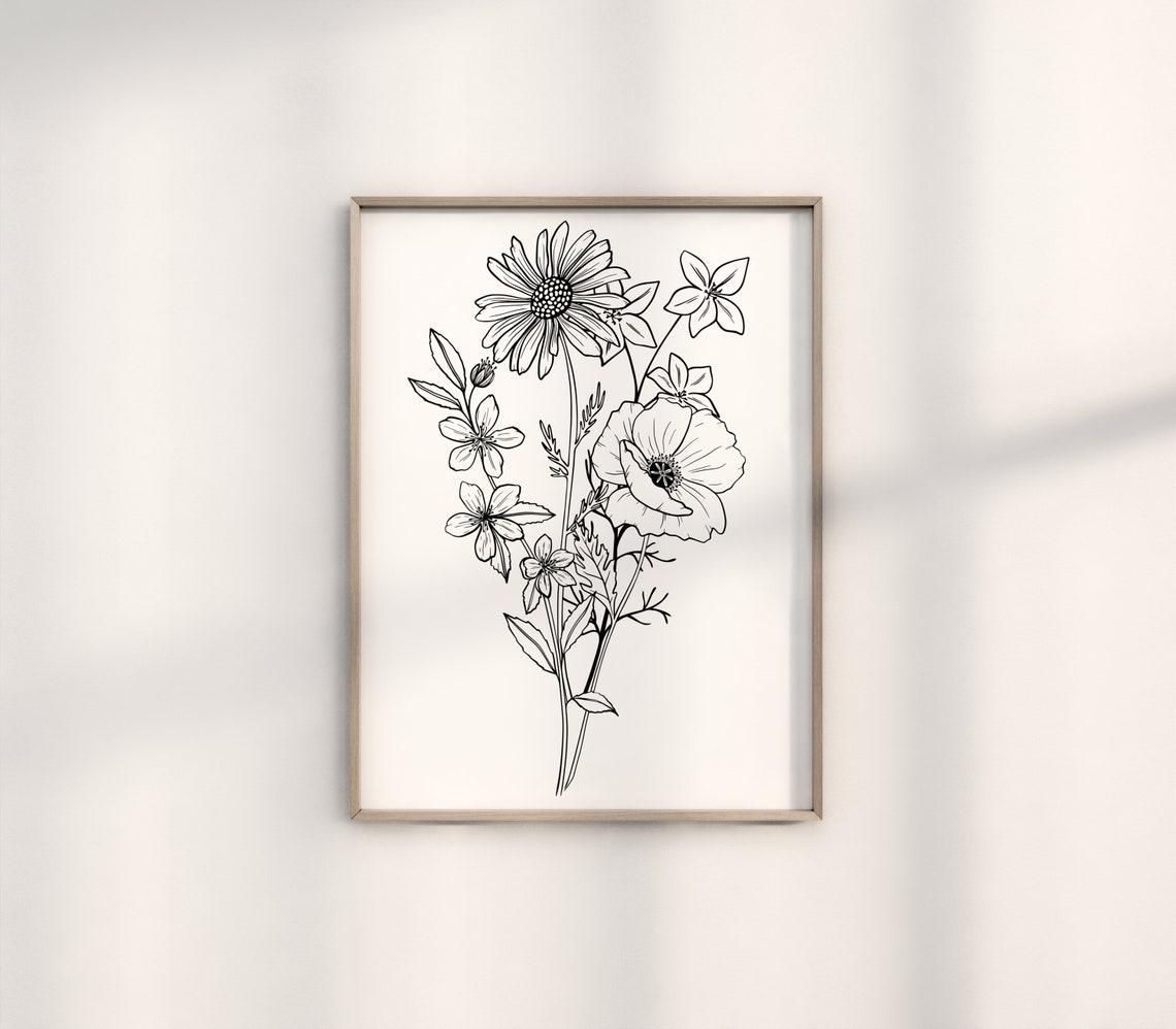 Black And White Floral Line Art Bouquet Minimalist Botanical Poster - Image 3