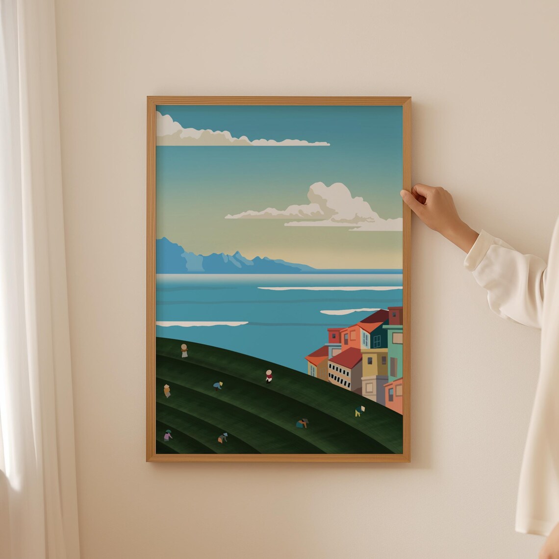 Vintage Coastal Village Travel Hillside Sea View Retro Art Poster