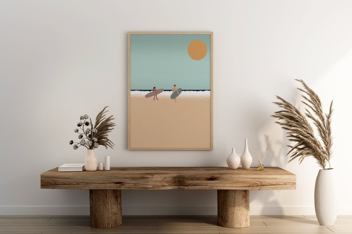 Two Surfers Sunset Beach Walk Minimalist Pastel Ocean Art Poster - Image 2