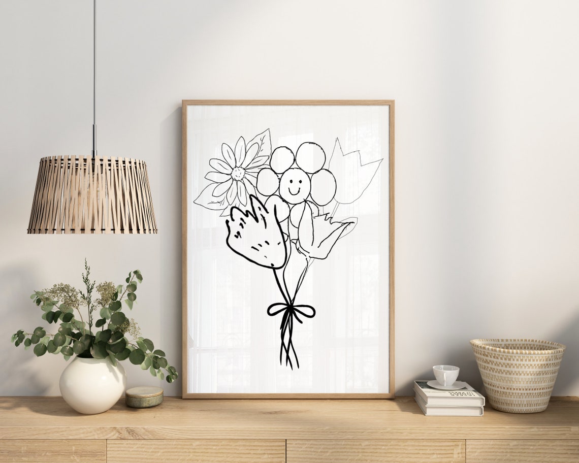 Doodle Flower Bouquet Childlike Line Art Black White Fun Poster - Image 4