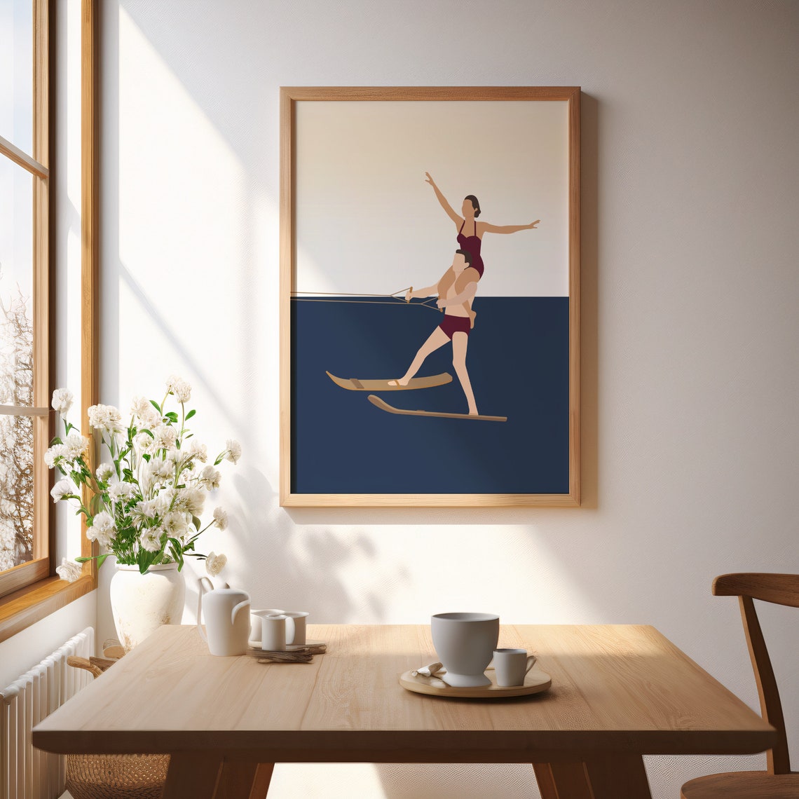 Two Water Skiers Tandem Ride Minimalist Navy Ocean Sunset Art Poster - Image 3