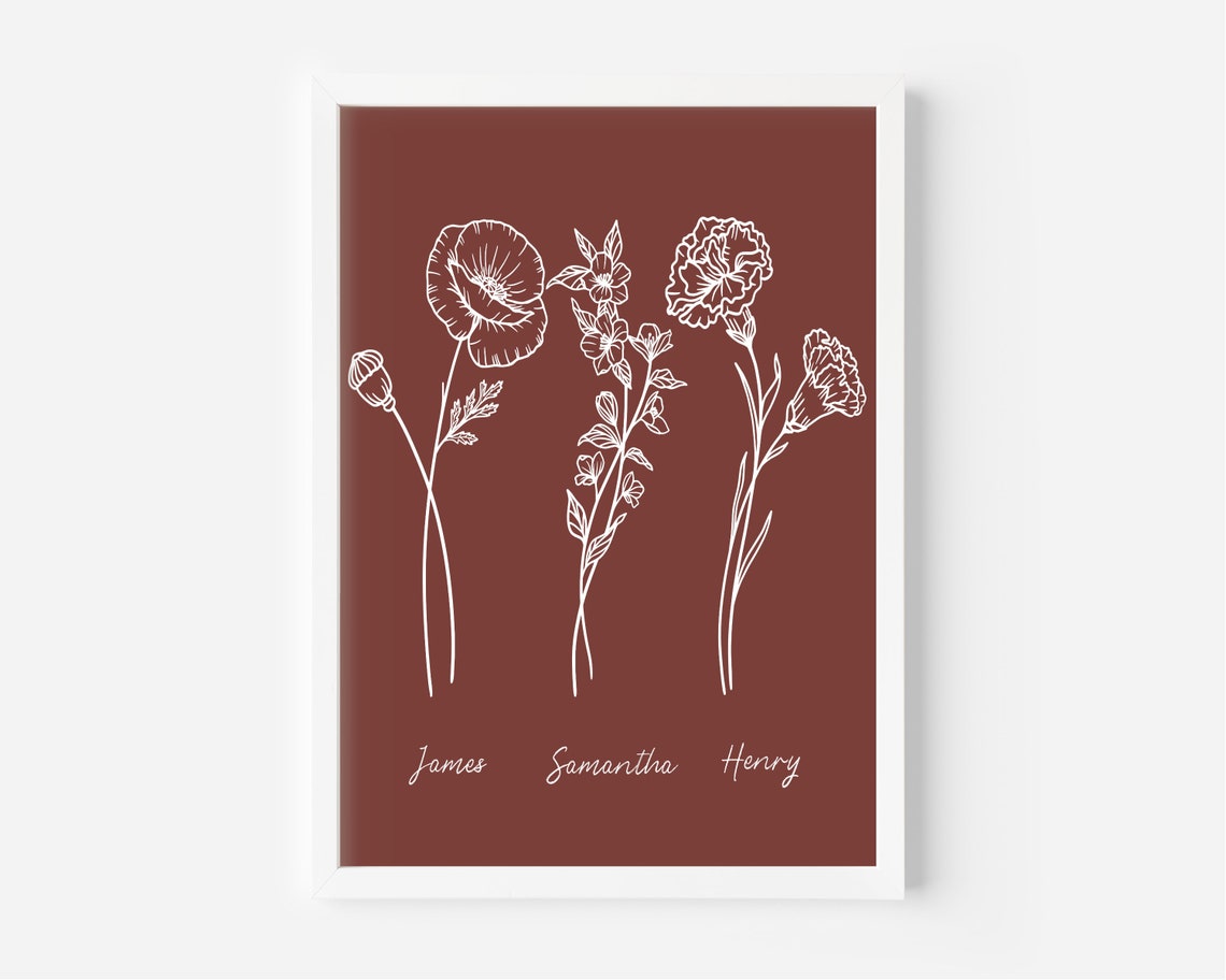 Navy Blue Line Art Birth Flowers Personalized Couples Names Art Poster - Image 3