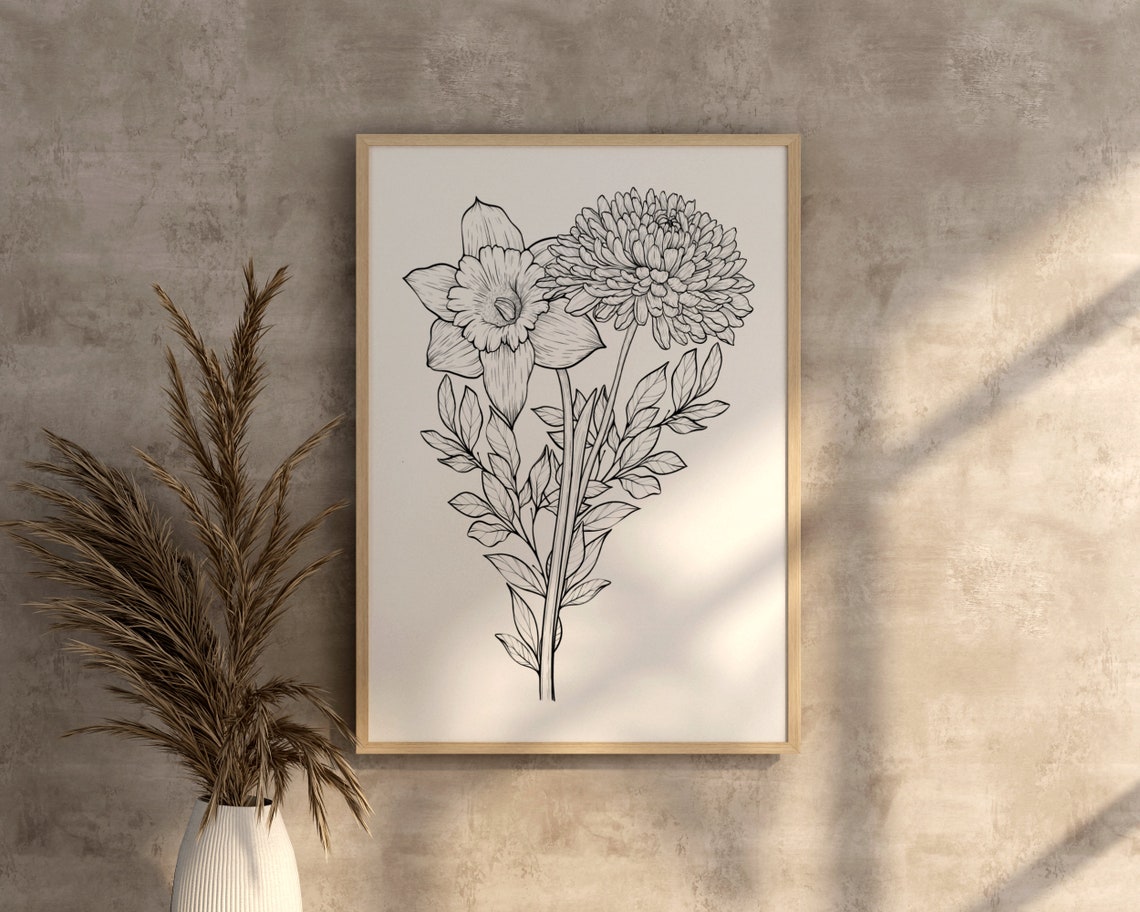 Monochrome Floral Bouquet Line Drawing Roses Daisies Botanical Poster - Image 3