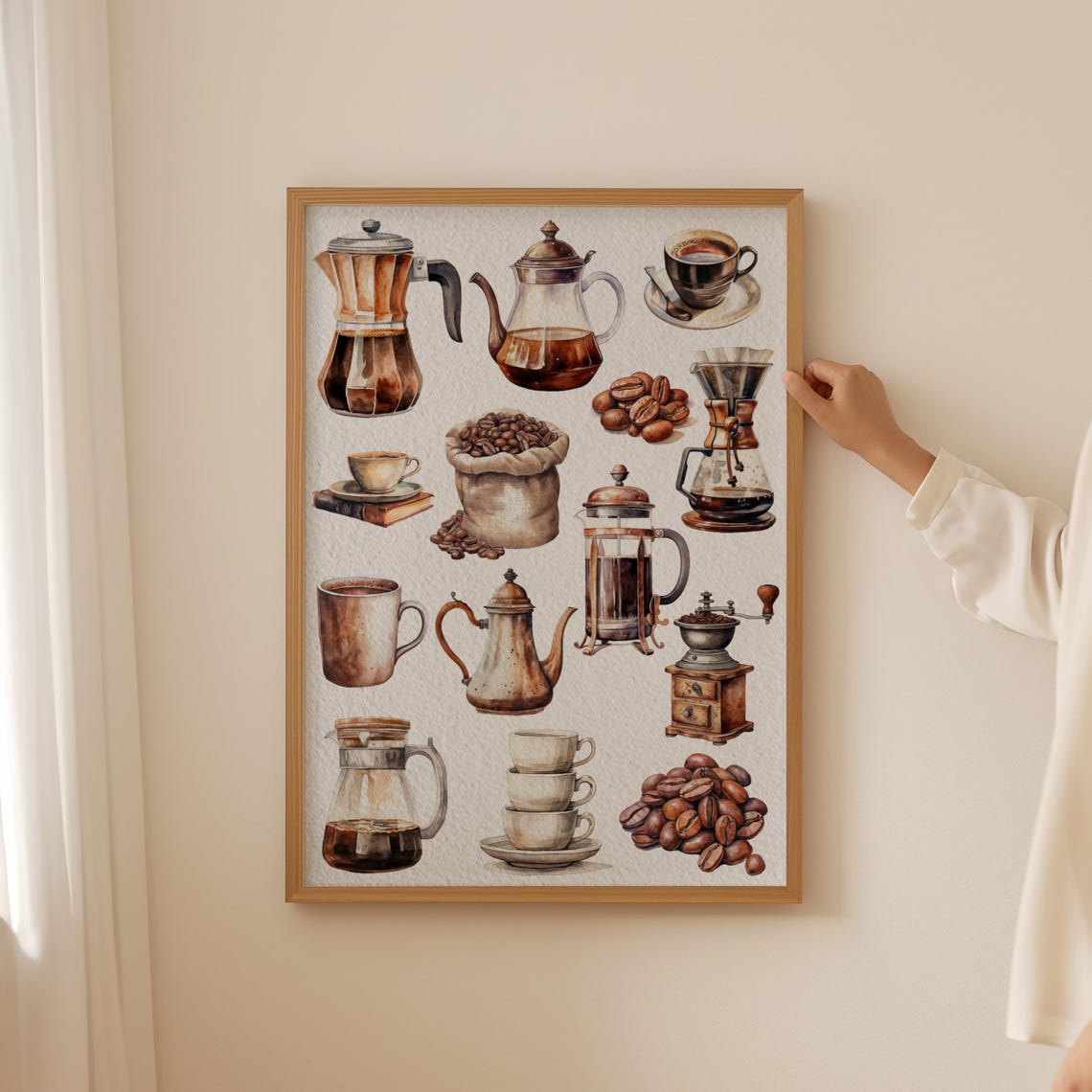 Watercolor Coffee Collage Moka Pot Cups Beans Kitchen Bar Art Poster