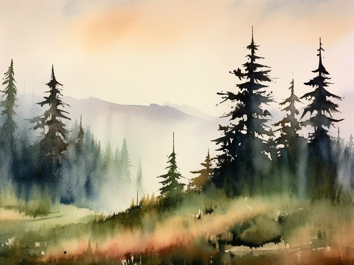 Misty Pine Forest Watercolor Foggy Evergreens Morning Landscape Print