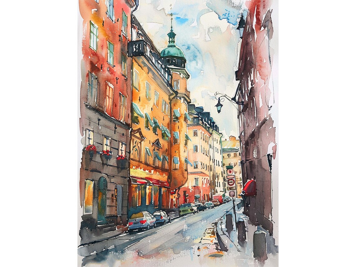 Stockholm Sweden Old Town Street Watercolor Cityscape Travel Poster
