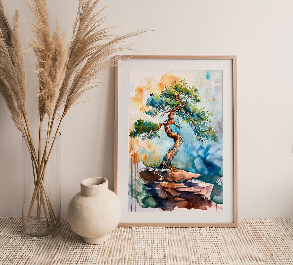 Bonsai Pine Tree On Rocky Perch Zen Watercolor Botanical Art Poster - Image 4