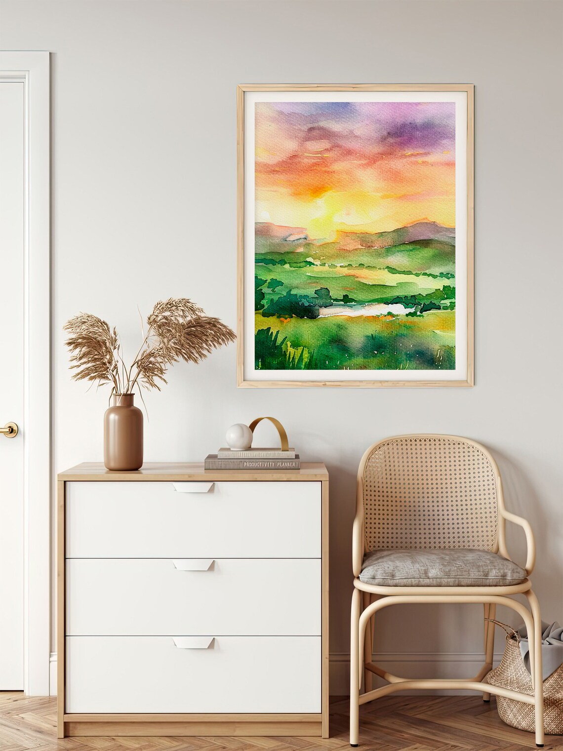 Ireland Watercolor Landscape Art Print, Sunset Meadow - Image 5