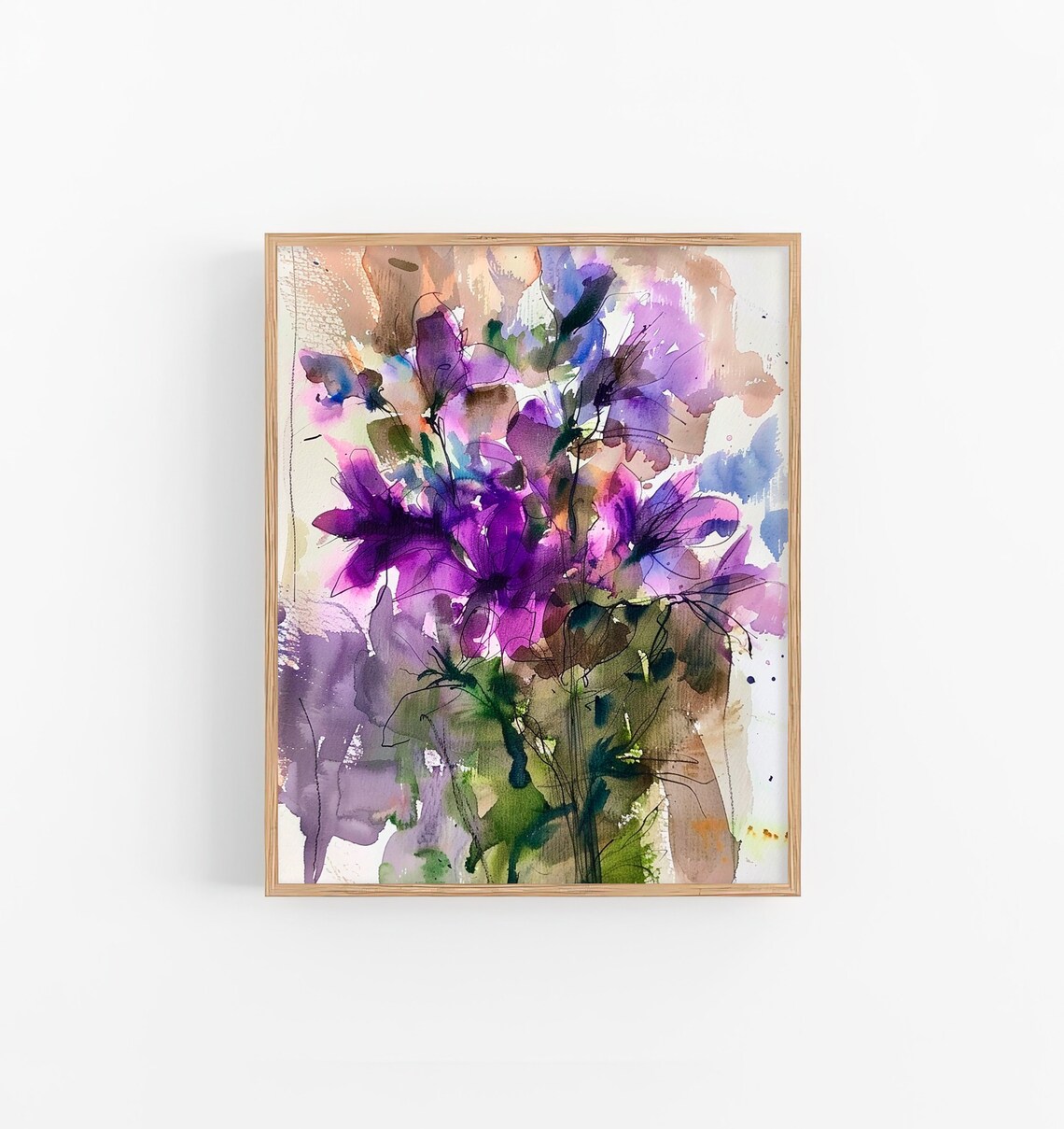 Violet Flowers Watercolor Art Print, Rustic Floral
