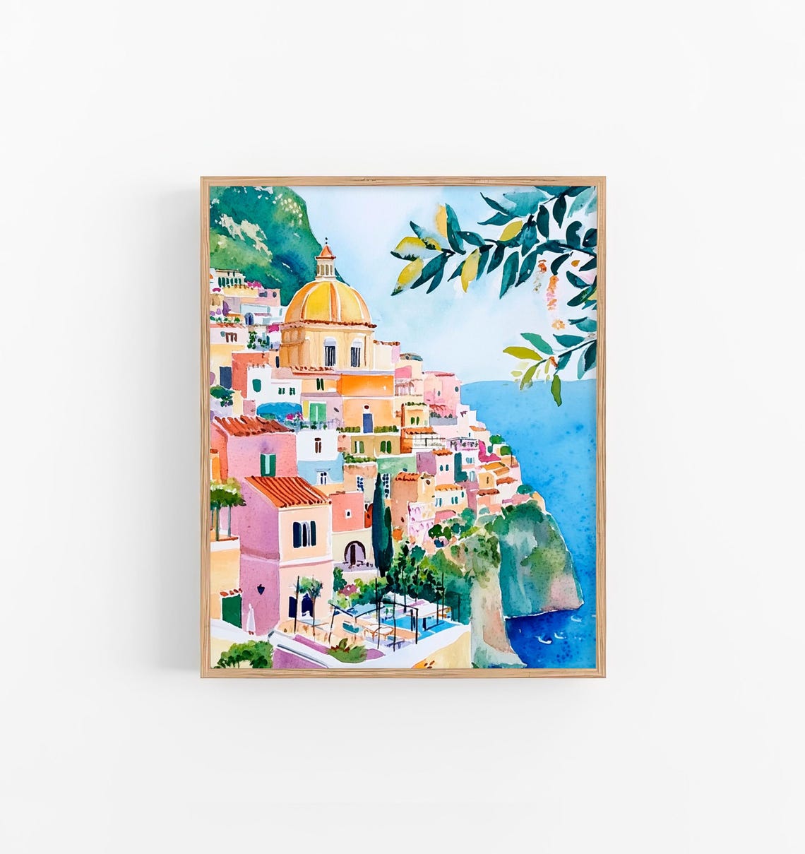 Positano Amalfi Coast Cityscape Golden Dome Watercolor Seaside Print