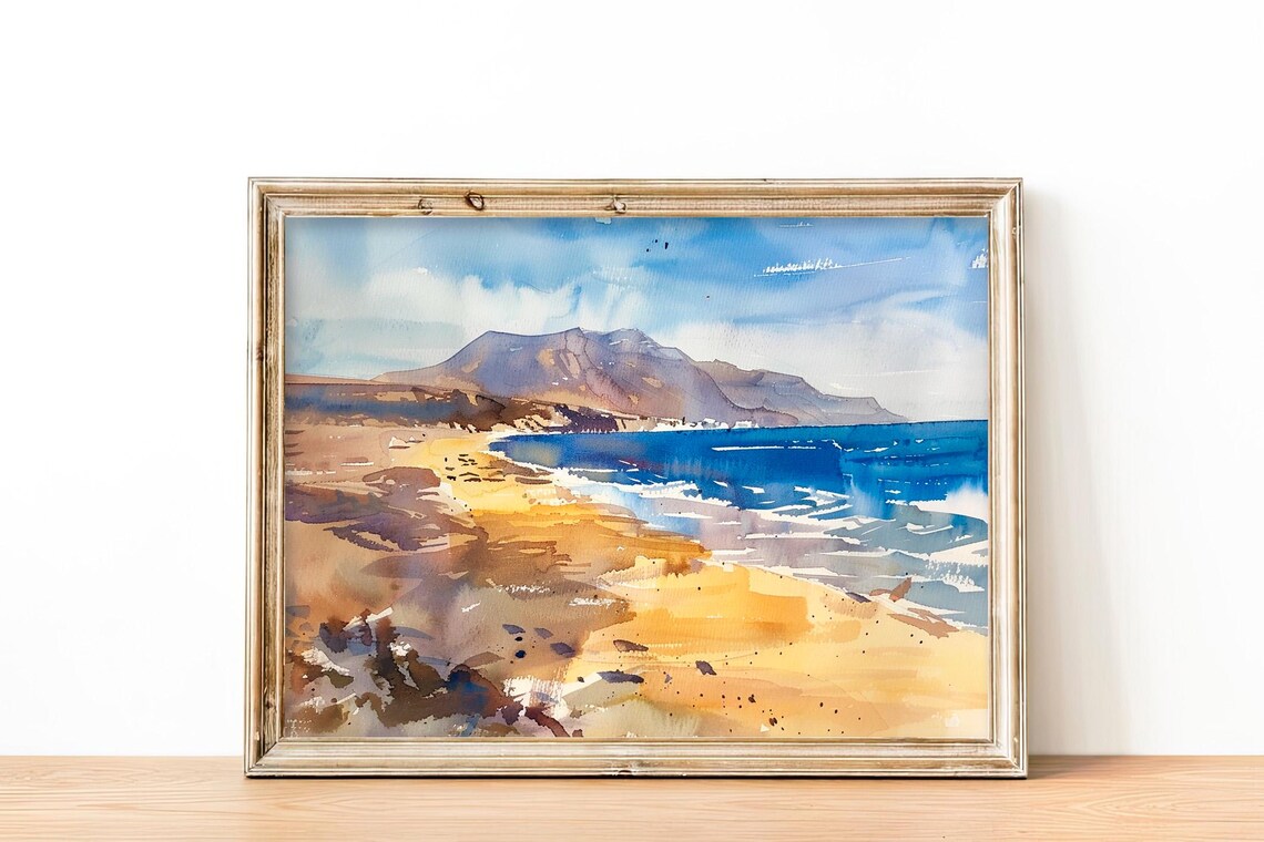 Lanzarote Golden Beach Volcanic Coast Watercolor Spain Poster