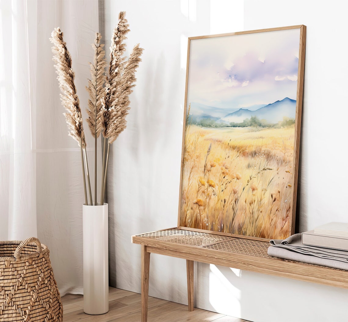 Golden Wheat Field Meadow Mountains Watercolor Poster Large Wall Decor - Image 2
